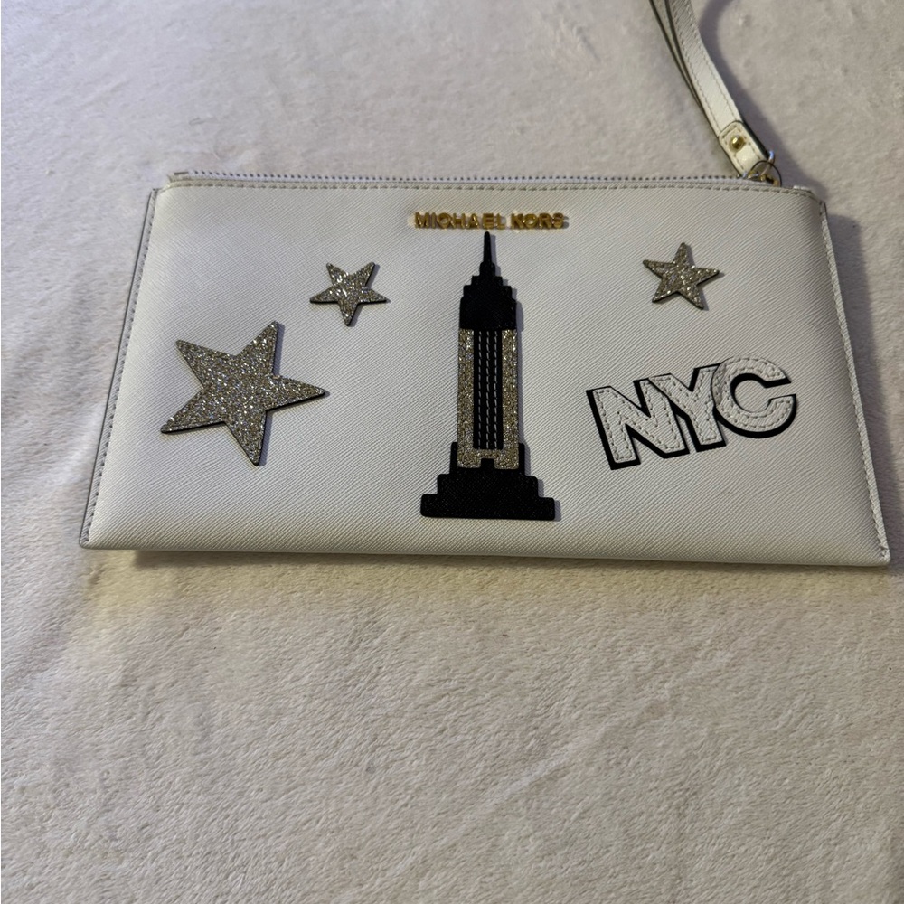 Michael Kors White NYC & Star Embellished Wristlet